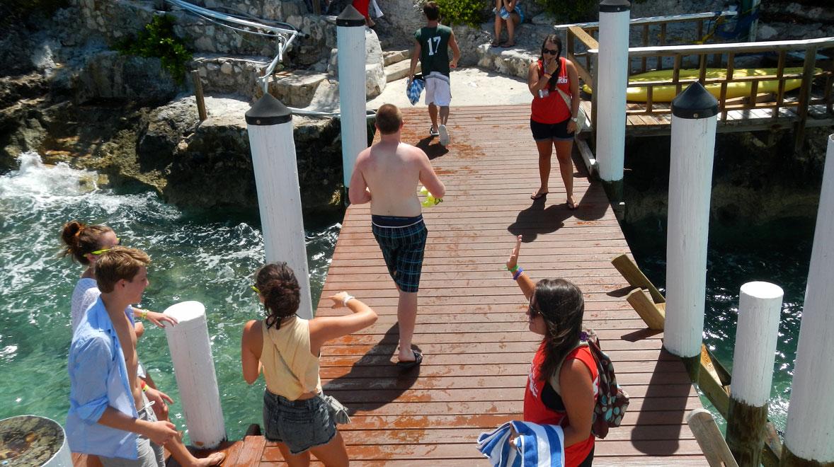 walking across a bridge during a high school spring break trip to Nassau