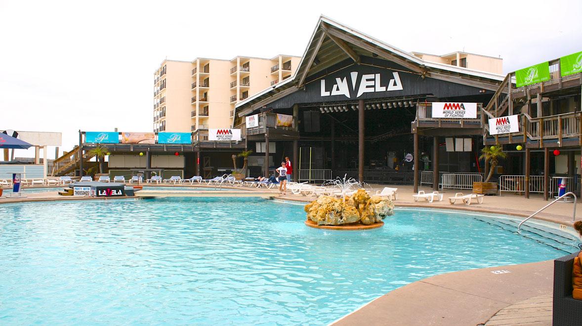 The pool outside of a spring break hotel in Panama City Beach